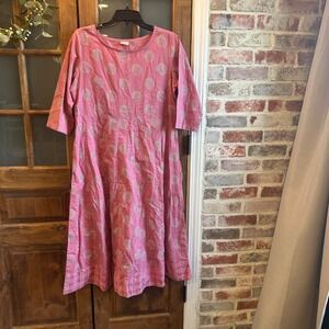Janasya Pink Cotton Kurta Dress Size L Floral Print Three Quarter Sleeve Midi